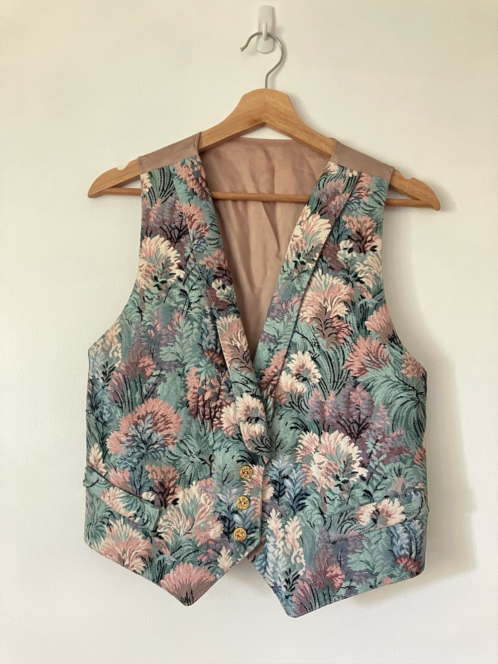 Vintage Floral Tapestry Vest Boho Cottagecore Waistcoat Muted Pink & Green